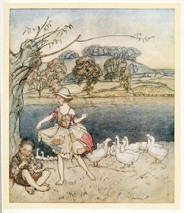 Tattercoats bailando mientras el pastor de gansos toca la flauta, de Cuentos de hadas ingleses, pub. 1922 de Arthur Rackham