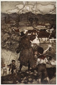Les enseñó a volar cometas., de Rip Van Winkle por Washington Irving, pub. 1910 de Arthur Rackham