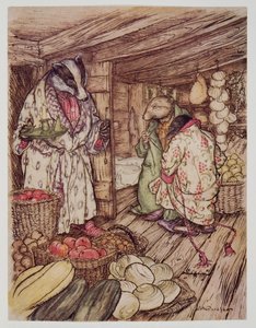 Las reservas de invierno del Tejón, que de hecho eran visibles por todas partes, ocupaban la mitad de la habitación, de El viento en los sauces de Kenneth Grahame (1859 - 1932), pub. 1940 de Arthur Rackham