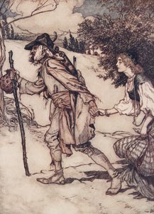 El mendigo la tomó de la mano y la llevó, de Los cuentos de hadas de los hermanos Grimm, pub. 1909 de Arthur Rackham