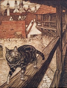El gato se escabulló detrás de las murallas de la ciudad hacia la iglesia, de Los cuentos de hadas de los hermanos Grimm, pub. 1909 de Arthur Rackham