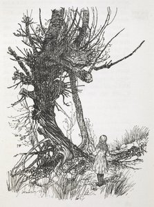 El Gato de Cheshire en un árbol mirando a Alicia de Arthur Rackham