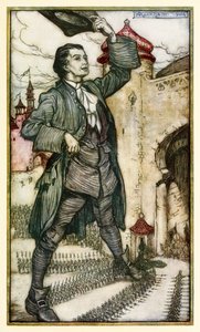 El Emperador de Lilliput revisa sus tropas, de la Parte I: Un viaje a Lilliput en Los viajes de Gulliver de Jonathan Swift de Arthur Rackham