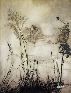 Las hadas son bailarinas exquisitas, ilustración en Peter Pan en los jardines de Kensington de J.M. Barrie, 1906 de Arthur Rackham