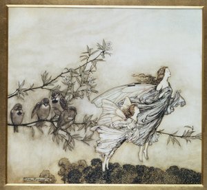 Las hadas tienen su disputa con los pájaros, ilustración de 1906 para Peter Pan en los Jardines de Kensington por J.M. Barrie, pub. 1906