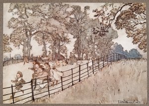 La Joroba que es la parte del Paseo Ancho donde se corren todas las grandes carreras, de Peter Pan en los Jardines de Kensington de J M Barrie, pub. 1906 de Arthur Rackham