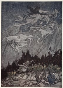 Las montañas Kaatskill siempre habían estado habitadas por seres extraños., de Rip Van Winkle por Washington Irving, pub. 1910 de Arthur Rackham