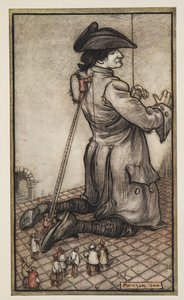 Los sastres liliputienses miden a Gulliver para un nuevo traje, de Los viajes de Gulliver por Jonathon Swift (1667 - 1745), pub. 1909