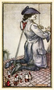 Los sastres lilliputienses miden a Gulliver para un nuevo traje, de la Parte I: Un viaje a Lilliput en Los viajes de Gulliver de Jonathan Swift