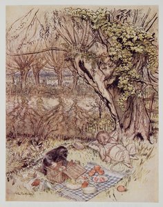 El Topo rogó como un favor que se le permitiera desempacarlo todo él solo, de El viento en los sauces de Kenneth Grahame (1859 - 1932), pub. 1940 de Arthur Rackham