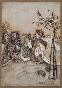La Reina de Corazones gritando enfadada tras la partida de croquet de Arthur Rackham