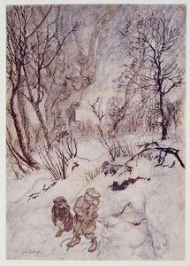 La Rata reflexionó un rato y examinó las jorobas y pendientes que los rodeaban, de El viento en los sauces de Kenneth Grahame (1859 - 1932), pub. 1940 de Arthur Rackham