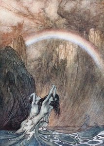Las doncellas del Rin lamentan su oro perdido. Ilustración para El oro del Rin y La valquiria de Richard Wagner de Arthur Rackham