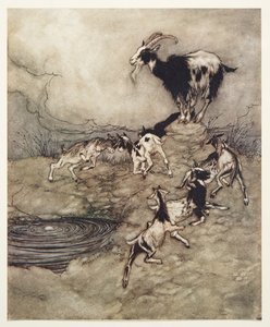 Los siete cabritos y su madre brincaron y bailaron alrededor del manantial de alegría, de Los cuentos de hadas de los hermanos Grimm, pub. 1909