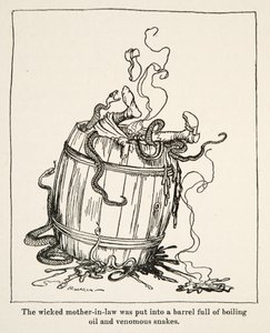 La malvada suegra fue puesta en un barril lleno de aceite hirviendo y serpientes venenosas, de Hermanito y Hermanita y otros cuentos de los Hermanos Grimm, pub.1917