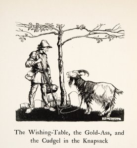 La mesa de los deseos, el asno de oro y el garrote en la mochila, de Hermanito y Hermanita y Otros Cuentos de los Hermanos Grimm, pub.1917 (litografía) de Arthur Rackham