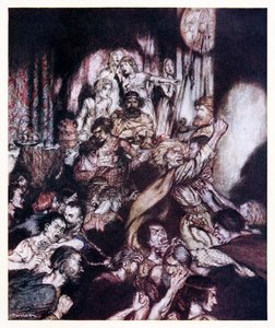 El salón de banquetes estaba en tumulto de La pequeña pelea en Cuentos de hadas irlandeses de Arthur Rackham