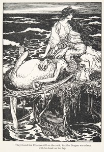 Encontraron a la princesa todavía en la roca, pero el dragón estaba dormido con la cabeza en su regazo, de Los cuentos de hadas de los hermanos Grimm, pub. 1909 de Arthur Rackham