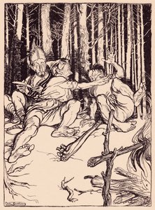 El gigante le dio un cajonazo en la oreja al que estaba sentado a su lado. Ilustración de Arthur Rackham del cuento de hadas de Grimm, El hábil cazador. de Arthur Rackham