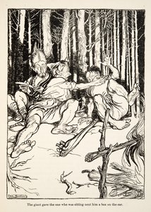 El gigante le dio una bofetada al que estaba sentado a su lado, de Hermanito y Hermanita y Otros Cuentos de los Hermanos Grimm, pub.1917 (litografía) de Arthur Rackham