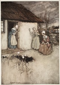 Las buenas esposas del pueblo nunca dejaban de culpar a Dame Van Winkle en sus charlas vespertinas., de Rip Van Winkle por Washington Irving, pub. 1910 de Arthur Rackham