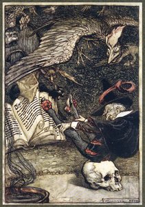 El hombrecito se había sentado en el centro del círculo sobre el gran cráneo, de Las Leyendas de Ingoldsby, pub. 1907