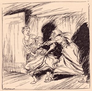 La anciana la agarró por el vestido y trató de sujetarla. Ilustración de Arthur Rackham del cuento de Grimm El árbol encantado.