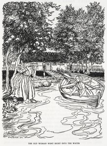 "La anciana se metió en el agua". Ilustración para "el jardín de flores de la mujer que sabía magia". Una joven, Gerda, en una barca. Una anciana se mete en el río para ayudarla.