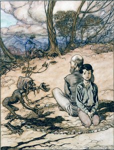 El hijo hizo un círculo, y su padre y él tomaron lugares dentro de él, y apareció el pequeño hombrecillo negro, ilustración de El rey de la montaña dorada en Los cuentos de hadas de los hermanos Grimm