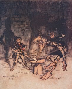 Entonces el joven tomó el hacha y partió el yunque de un golpe, atrapando al mismo tiempo la barba del anciano, de Los cuentos de hadas de los hermanos Grimm, pub. 1909 de Arthur Rackham