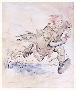 El golpeteo de sus grandes botas se volvió tan continuo como el repiqueteo de granizo en un techo, y el viento de su paso derribó árboles de El Carl del abrigo drab en Cuentos de hadas irlandeses