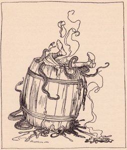 La malvada suegra fue introducida en un barril lleno de aceite hirviendo y serpientes venenosas. Ilustración de Arthur Rackham del cuento de Grimm Los doce hermanos, publicado a finales del siglo XIX. de Arthur Rackham