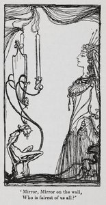 La reina malvada mirándose en el espejo de Snowdrop (Blancanieves) de Arthur Rackham