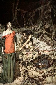El cortejo de Grimhilde, la madre de Hagen de Arthur Rackham