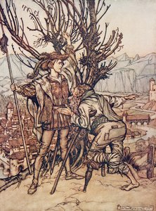 El joven príncipe dijo No tengo miedo; estoy decidido a ir y ver a la hermosa Rosa de Briar, de Los cuentos de hadas de los hermanos Grimm, pub. 1909 de Arthur Rackham