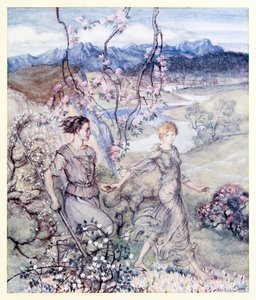 Entonces ellos [Iollan y Tuiren] fueron de la mano en el país que huele a flor de manzano y miel de El nacimiento de Bran en Cuentos de hadas irlandeses de Arthur Rackham