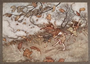 No hay casi nada que tenga un sentido del humor tan agudo como una hoja caída, de Peter Pan en los Jardines de Kensington de J M Barrie, pub. 1906 de Arthur Rackham