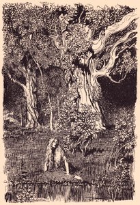 Allí se sentó y habría permanecido sentada largo rato si no se hubiera oído un crujido en las ramas del árbol más cercano. Ilustración de Arthur Rackham del cuento de Grimm La gansa en el pozo.
