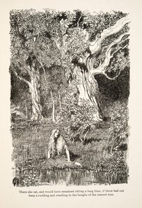 Allí se sentó, y habría permanecido sentada mucho tiempo, si no hubiera habido un crujido y chasquido en las ramas del árbol más cercano, de Hermanito y Hermanita y Otros Cuentos de los Hermanos Grimm, pub.1917 de Arthur Rackham