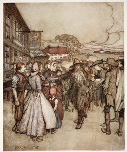 Se agolparon a su alrededor, mirándolo de pies a cabeza con gran curiosidad., de Rip Van Winkle por Washington Irving, pub. 1910