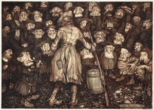 Lo miraban con una mirada tan fija, como de estatua, que su corazón se estremeció y sus rodillas temblaron., de Rip Van Winkle de Washington Irving, pub. 1910 de Arthur Rackham