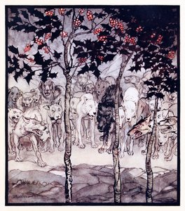 Estaban afuera, llenos de salvajismo y terror de La cueva encantada de Cesh Corran en Cuentos de hadas irlandeses de Arthur Rackham