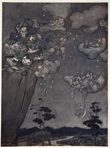 Eran gobernados por un viejo espíritu de squaw que colgaba las lunas nuevas en el cielo y cortaba las viejas en estrellas., de Rip Van Winkle por Washington Irving, pub. 1910 de Arthur Rackham