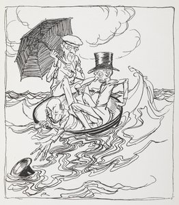 Tres hombres en un cuenco sobre el mar. de Arthur Rackham