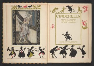 Portada y frontispicio de Cenicienta, contada de nuevo por CS Evans e ilustrada por Arthur Rackham