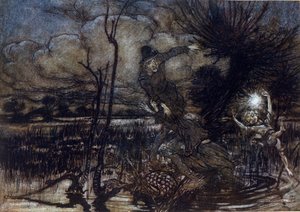 Dos personajes no logran ahogarse en el pantano, Puck los ayuda con un fuego. Ilustración de Arthur Rackham para El sueño de una noche de verano de William Shakespeare de Arthur Rackham