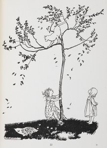 Dos niños intentan bajar a un gato de un árbol. de Arthur Rackham