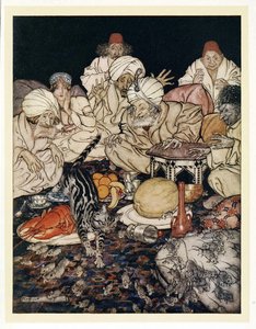 Cuando Puss vio las ratas y ratones, no esperó a que se lo dijeran, de Cuentos de Hadas Ingleses, pub. 1922 de Arthur Rackham