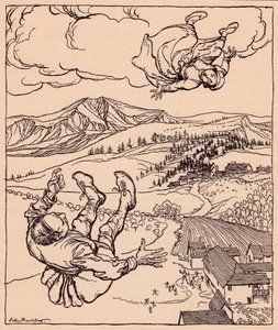 Cuando su marido la vio, gritó: "¡Hola! Ven aquí". Ilustración de Arthur Rackham del cuento de hadas de Grimm "El joven gigante". de Arthur Rackham