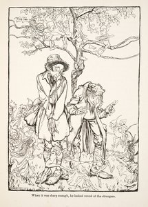 Cuando estuvo lo suficientemente afilado, miró a los extraños, de Hermanito y Hermanita y Otros Cuentos de los Hermanos Grimm, pub.1917 (litografía) de Arthur Rackham